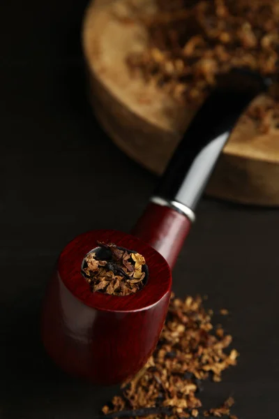 Smoking Pipe Dry Tobacco Dark Wooden Table Closeup — ストック写真