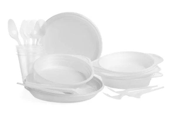 Set Disposable Tableware White Background — Stockfoto