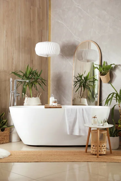 Modern White Tub Beautiful Green Houseplants Bathroom Interior Design — Stock Photo, Image