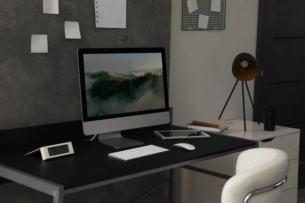 Stylish Room Interior Comfortable Workplace Grey Wall — Stock Photo, Image
