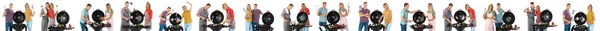Kolaż Zdjęciami Mężczyzny Kobiety Gotujących Grillu Białym Tle Projekt Banera — Zdjęcie stockowe