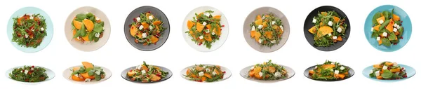 Set Tasty Persimmon Salads White Background Banner Design — Photo