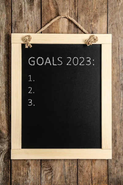 Tablica Frazą Goals 2023 Pustą Listą Kontrolną Drewnianym Tle — Zdjęcie stockowe