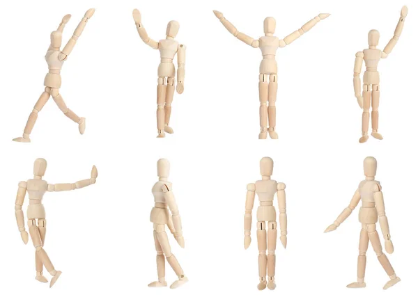 Set Wooden Human Models Different Poses White Background — Stock Photo, Image