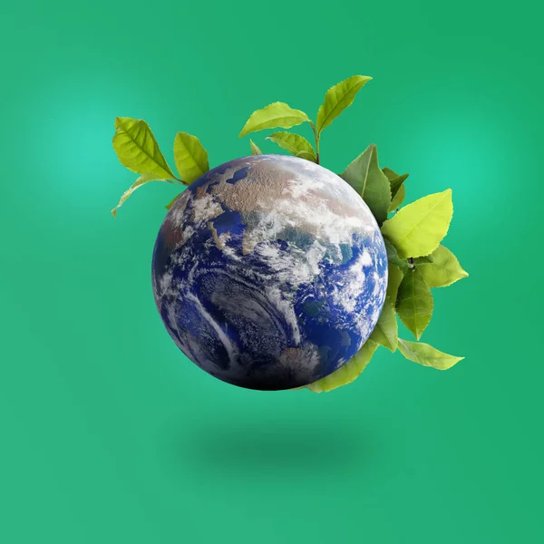 Recyclingkonzept Erde Planet Mit Grünen Blättern Auf Farbigem Hintergrund — Stockfoto