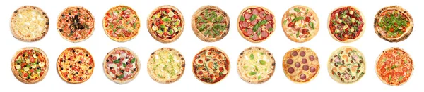 Beyaz Arka Planda Farklı Lezzetli Pizzalarla Set Üst Manzara Pankart — Stok fotoğraf