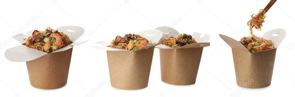 Set with boxes of tasty wok noodles on white background. Banner design