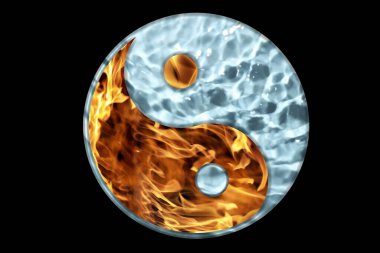 Siyah arka planda Yin Yang sembolünü andıran ateş ve su. Feng Shui felsefesi