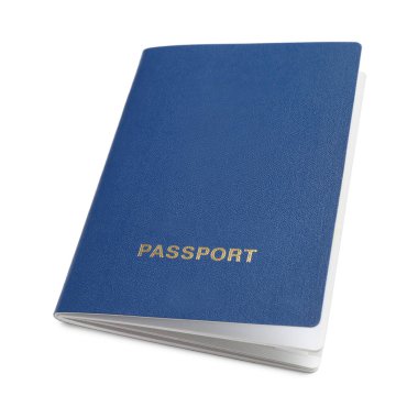 Bir mavi pasaport beyaza izole edilmiş. Kimlik belgesi