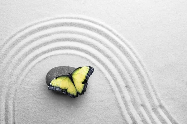 Чудовий Метелик Камінь Білому Піску Візерунком Зверху Концепція Дзен — стокове фото