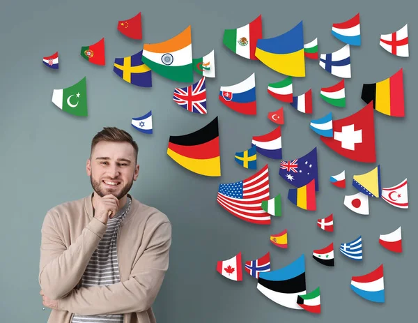 Portrait Interpreter Flags Different Countries Grey Background — Photo