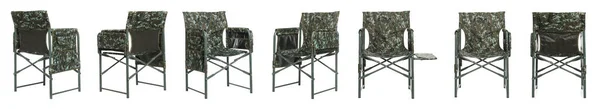 Conjunto Com Confortáveis Cadeiras Pesca Camuflagem Fundo Branco Design Banner — Fotografia de Stock