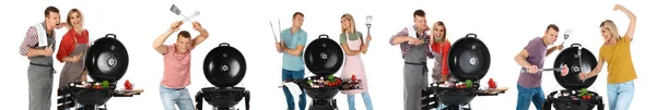 Collage Photos Man Woman Cooking Barbecue Grill White Background Banner — Stock Photo, Image