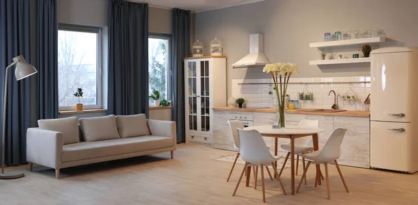 Modern Kitchen Interior New Stylish Furniture Banner Design — Stockfoto