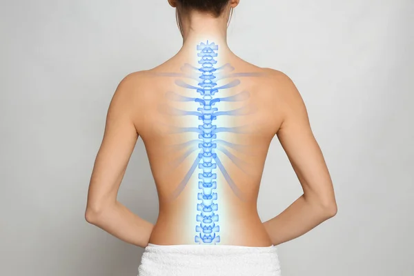 Woman Healthy Spine Light Background Back View — Stockfoto