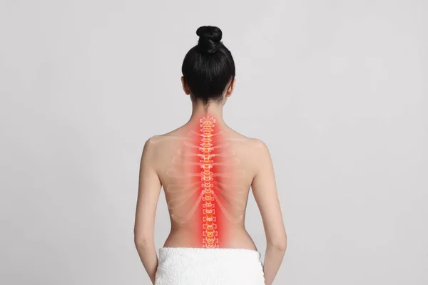 Woman Suffering Pain Neck Light Grey Background — Stockfoto