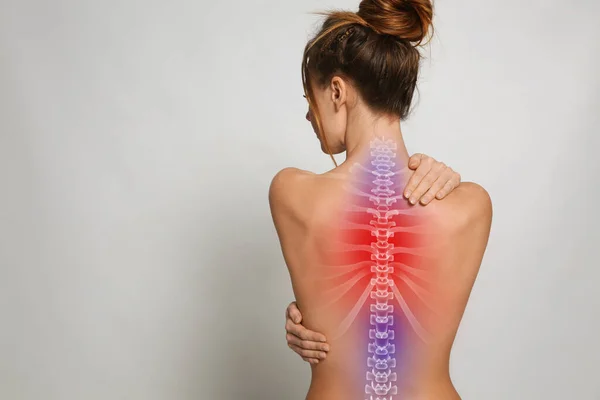 Woman Suffering Pain Back Light Background Space Text — Stockfoto