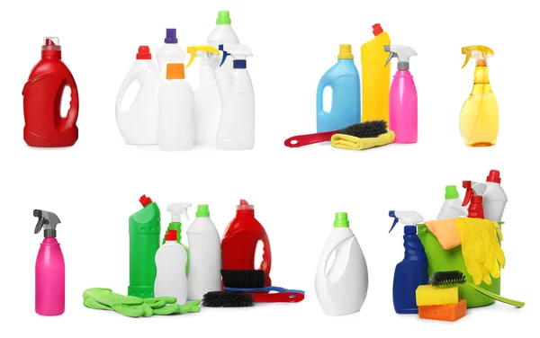 Set Different Cleaning Products Tools White Background — Foto de Stock