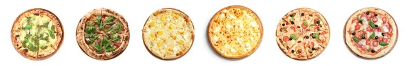 Conjunto Com Diferentes Deliciosas Pizzas Sobre Fundo Branco Vista Superior — Fotografia de Stock