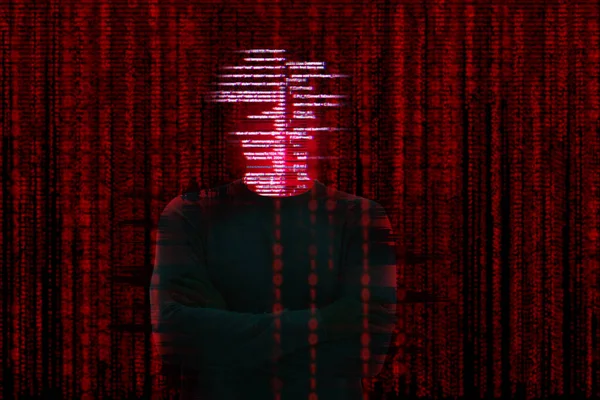 Silhouette Anonymer Hacker Und Digitaler Binärcode Auf Dunklem Hintergrund Konzept — Stockfoto