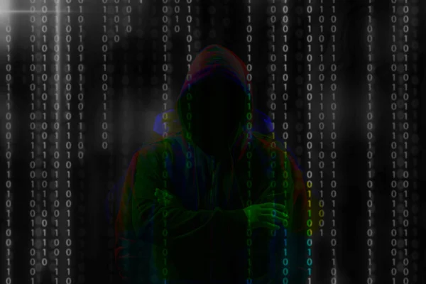 Silhouette Anonymous Hacker Digital Binary Code Dark Background Cyber Attack —  Fotos de Stock