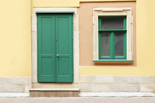 View Building Turquoise Wooden Door Window Exterior Design — 스톡 사진