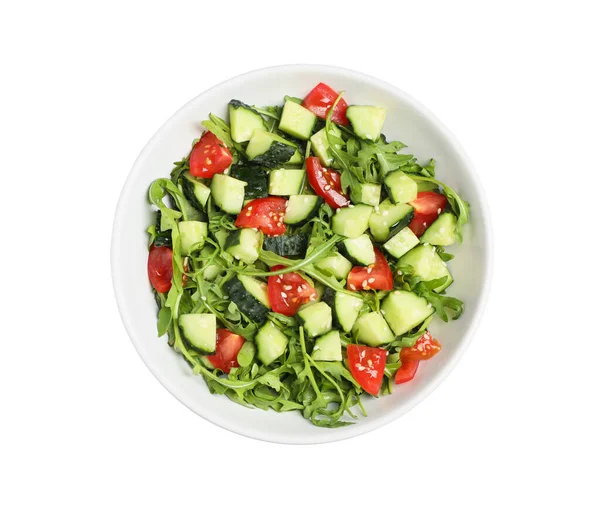 Delicious Salad Cucumbers Tomatoes Sesame Bowl Isolated White Top View — ストック写真