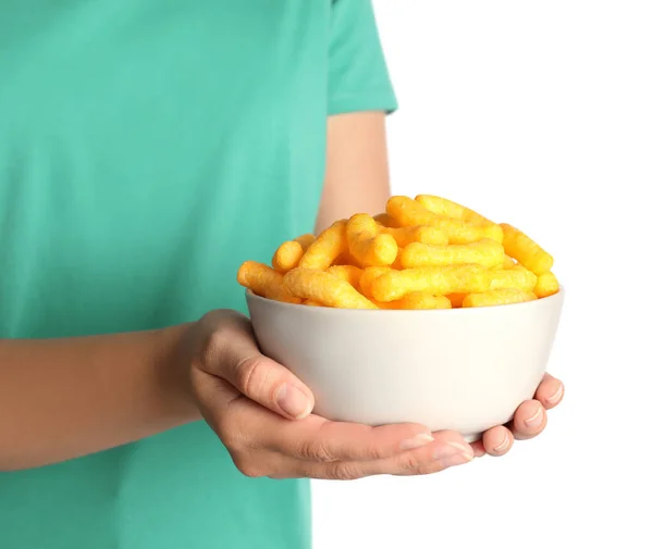 Woman Holding Bowl Crunchy Cheesy Corn Sticks White Background Closeup — Foto de Stock