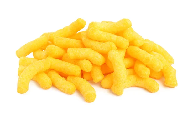 Många Läckra Cheesy Majs Puffar Isolerade Vitt — Stockfoto