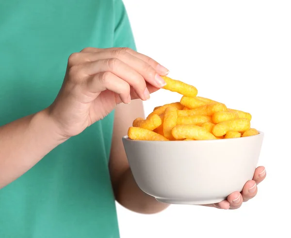 Woman Eating Crunchy Cheesy Corn Sticks White Background Closeup — Stock Photo, Image