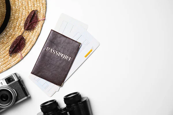 Flat Lay Composition Passport Tickets Holiday Items White Background Space —  Fotos de Stock