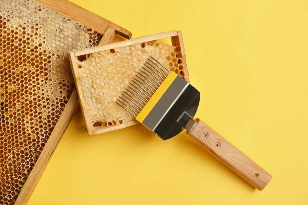 Hive Frames Honeycombs Uncapping Fork Yellow Background Flat Lay Beekeeping — ストック写真