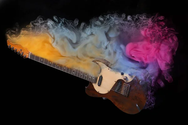 Electric Guitar Colorful Smoke Black Background Stylish Design Rock Music —  Fotos de Stock