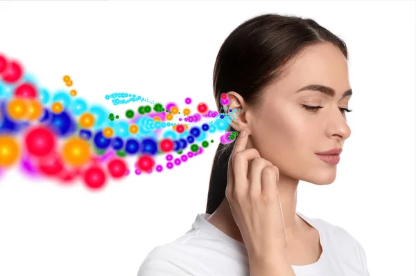 Beautiful Woman Sound Waves Illustration White Background Hearing Concept — Fotografia de Stock