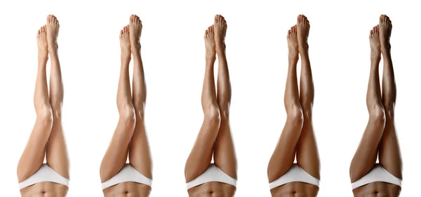 Epilasyondan Sonra Pürüzsüz Tenli Kadınların Fotoğraflarıyla Kolaj Bacakların Yakın Görüntüsü — Stok fotoğraf
