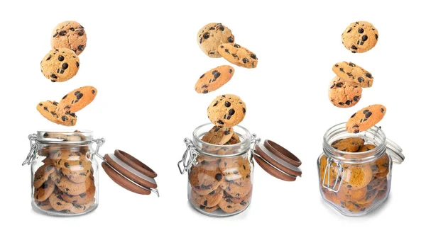 Tasty Chocolate Chip Cookies Falling Glass Jars White Background Collage — Foto Stock