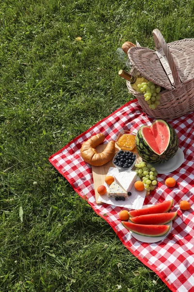 Picnic blanket with delicious food and wine outdoors on summer day, space for text