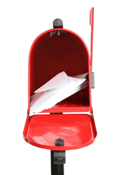 Caixa Carta Vermelha Aberta Com Correspondência Sobre Fundo Branco — Fotografia de Stock