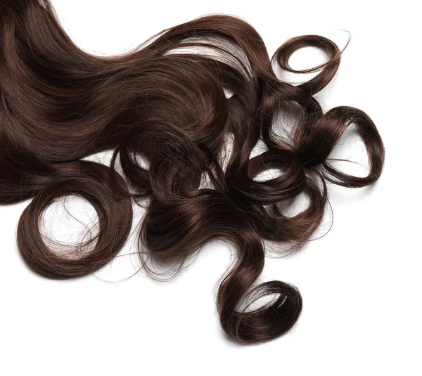 Krásné Tmavě Hnědé Kudrnaté Vlasy Izolované Bílém Horní Pohled — Stock fotografie