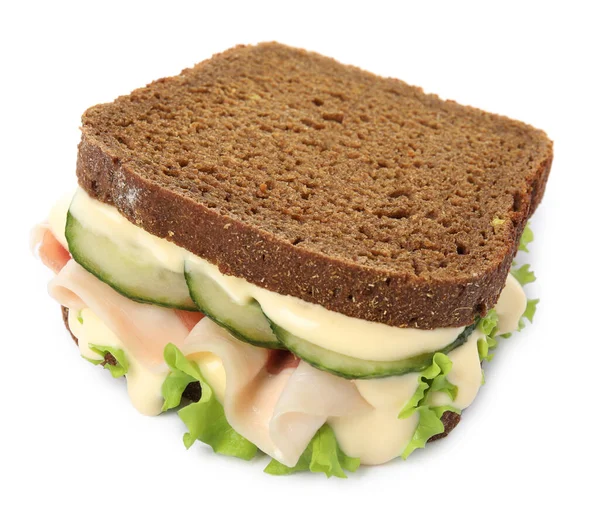 Leckeres Sandwich Mit Gemüse Schinken Und Mayonnaise Isoliert Weiß — Stockfoto