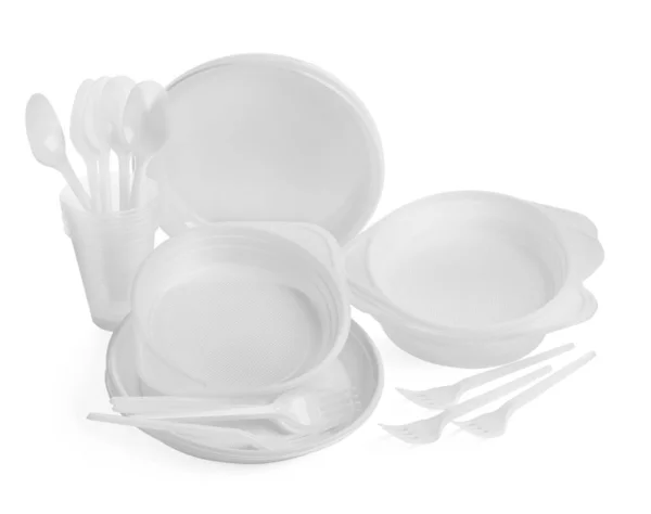 Set Disposable Tableware White Background — Stockfoto