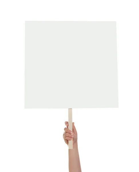 Woman Holding Blank Protest Sign White Background Closeup — 스톡 사진