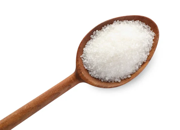 Tahta Kaşıkta Granüle Şeker Beyaz Üst Görünümde Izole — Stok fotoğraf