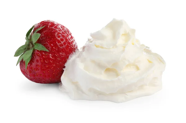 Delicious Strawberry Whipped Cream White Background — Zdjęcie stockowe