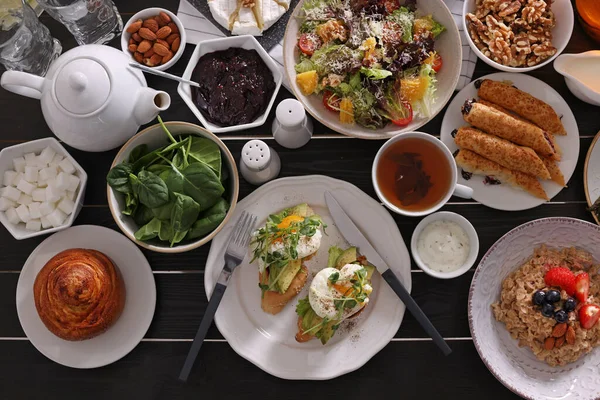 Many Different Dishes Served Buffet Table Brunch Flat Lay — Stock fotografie