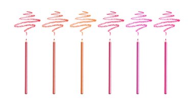 Set of bright lip pencils and strokes on white background, top view. Banner design