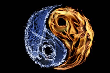 Ateş ve su, siyah arka planda Yin Yang sembolünü andırıyor. Feng Shui felsefesi