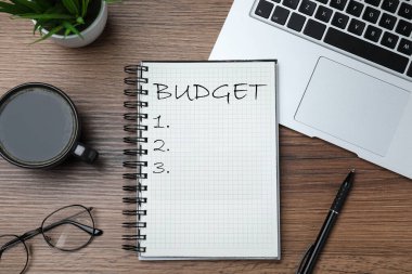 Sözcük bütçeli defter, dizüstü bilgisayar ve bir fincan kahve ahşap masada, düz uzanmış.