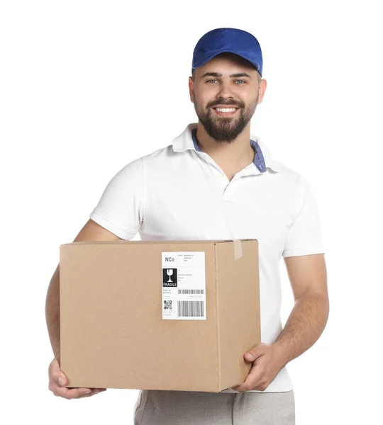 Courier Holding Cardboard Box White Background — Stock Photo, Image