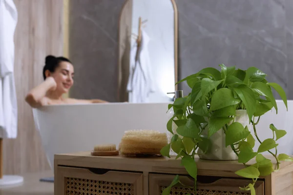 Woman Taking Bath Indoors Focus Body Care Products — 스톡 사진